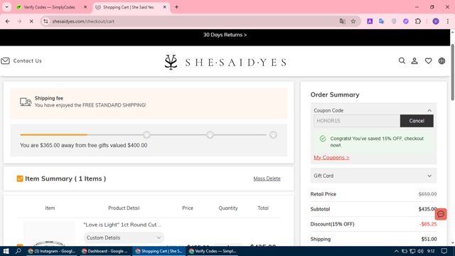 Shesaidyes checkout page showing Shesaidyes promo code box | Screenshot taken by SimplyCodes community member on Aug 18, 2025