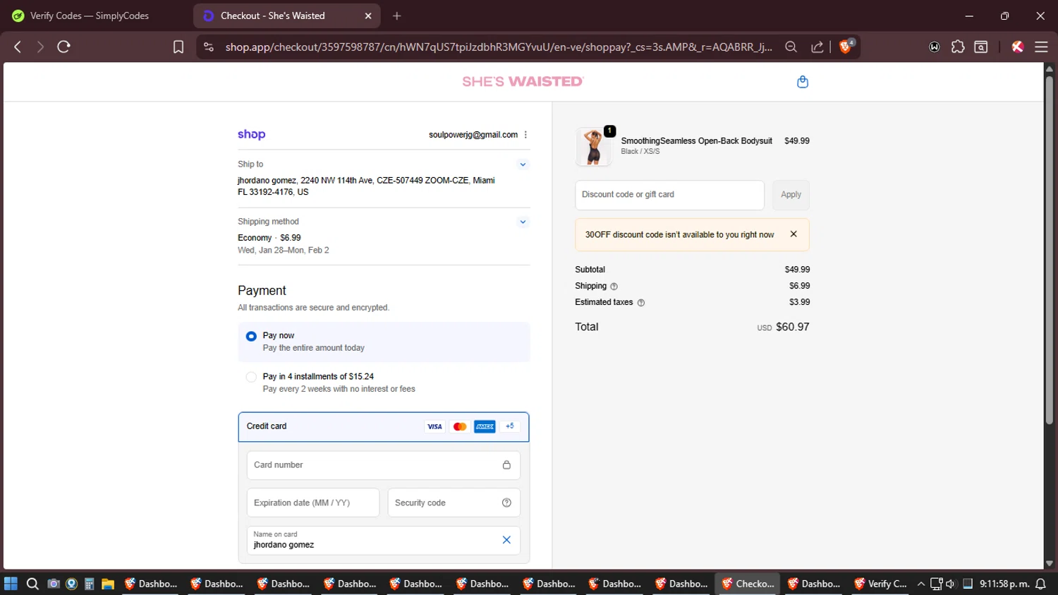 Shes Waisted discount code screenshot showing code 30OFF applied at Shes Waisted checkout page. Uploaded by SimplyCodes community member Amidamaru on Jan 21, 2026