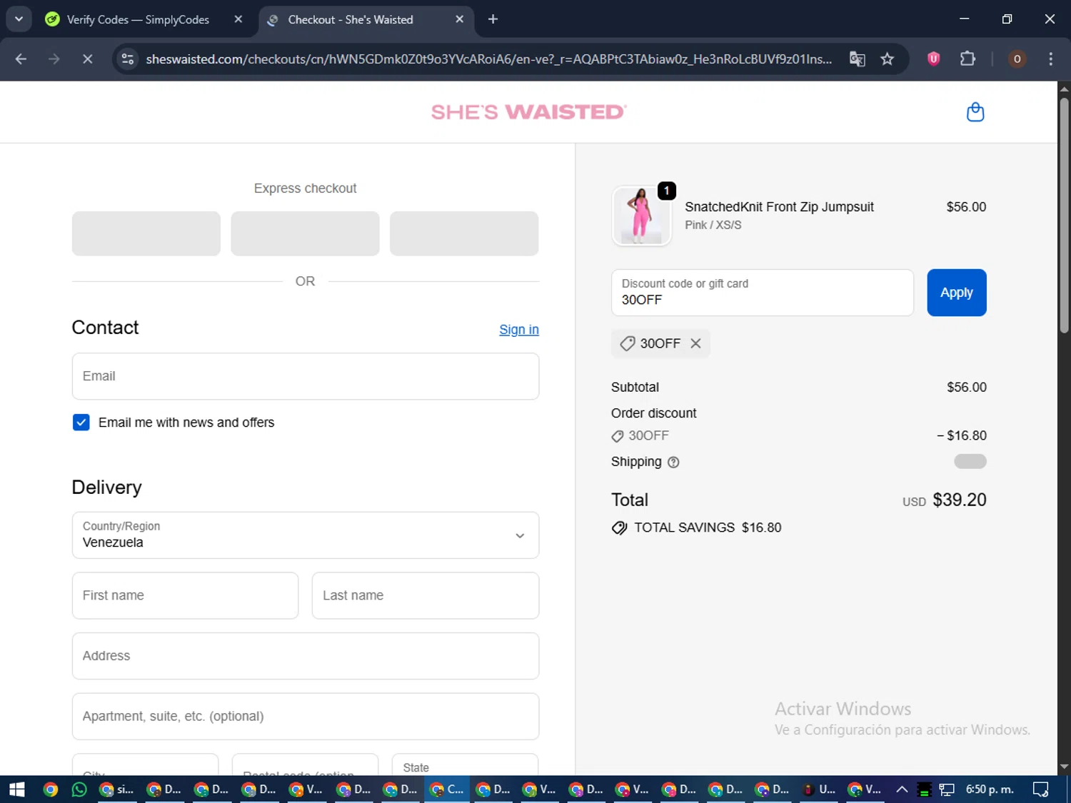 Shes Waisted discount code screenshot showing code 30OFF applied at Shes Waisted checkout page. Uploaded by SimplyCodes community member Legendar on Nov 13, 2025