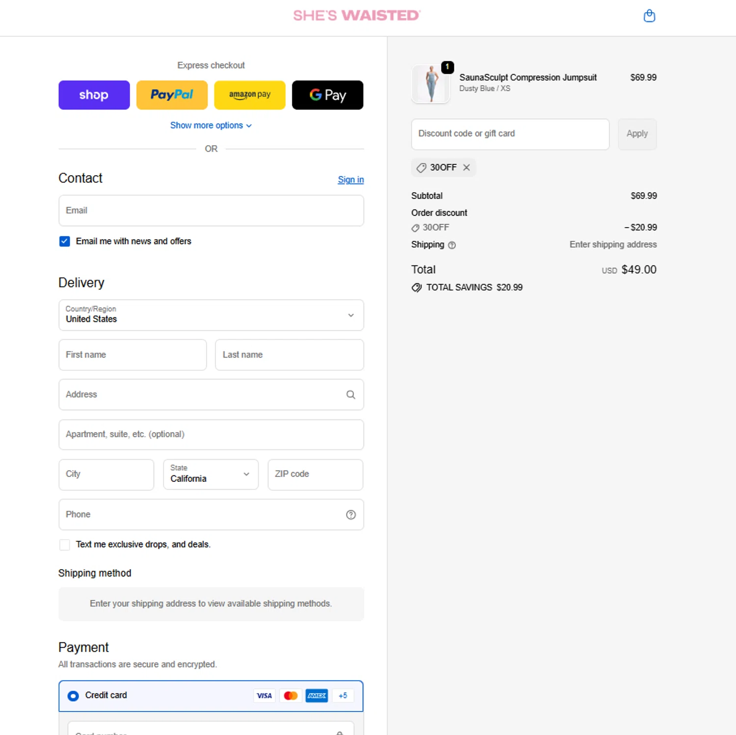 Shes Waisted discount code screenshot showing code 30OFF applied at Shes Waisted checkout page. Uploaded by SimplyCodes community member reggiesmith on Oct 30, 2025