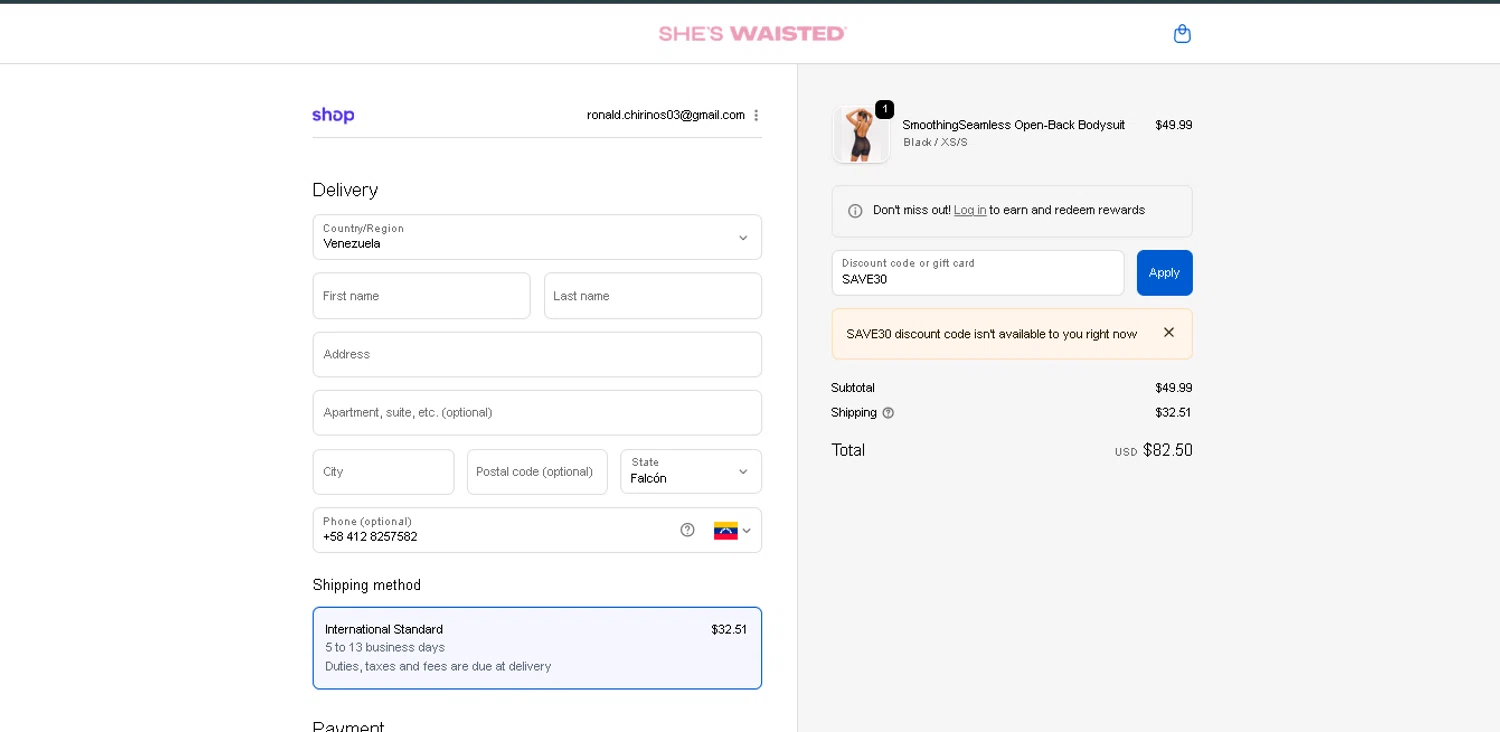 Shes Waisted discount code screenshot showing code SAVE30 applied at Shes Waisted checkout page. Uploaded by SimplyCodes community member BrilliantTitan7739 on Dec 6, 2025