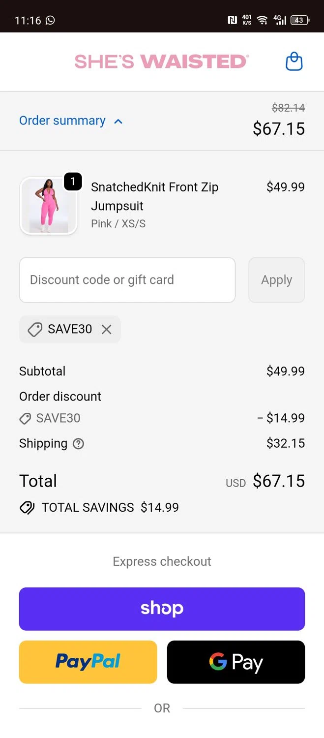Shes Waisted discount code screenshot showing code SAVE30 applied at Shes Waisted checkout page. Uploaded by SimplyCodes community member Papiee on Nov 5, 2025