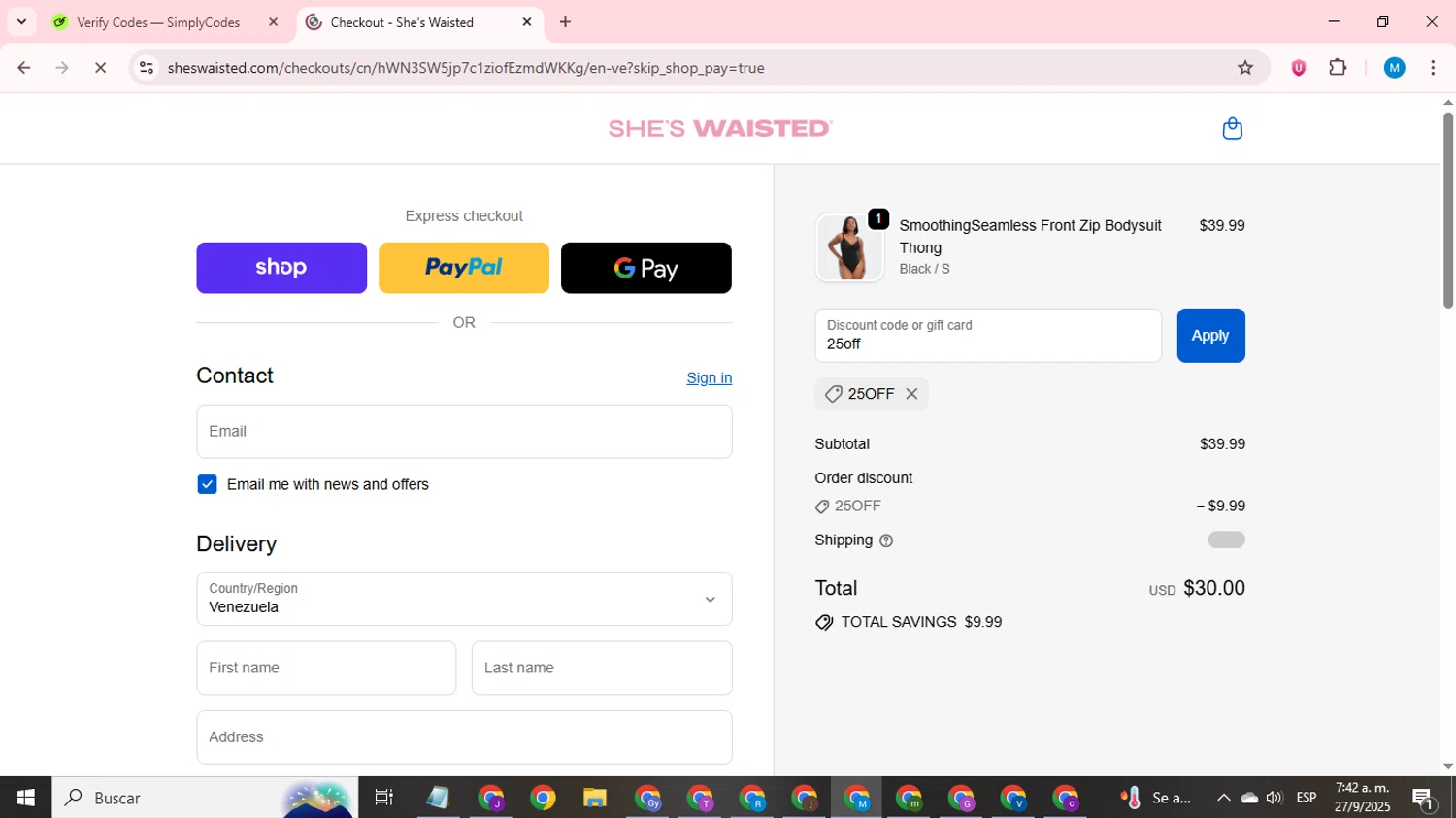 Shes Waisted discount code screenshot showing code 25off applied at Shes Waisted checkout page. Uploaded by SimplyCodes community member LegendaryCurator1585 on Sep 27, 2025