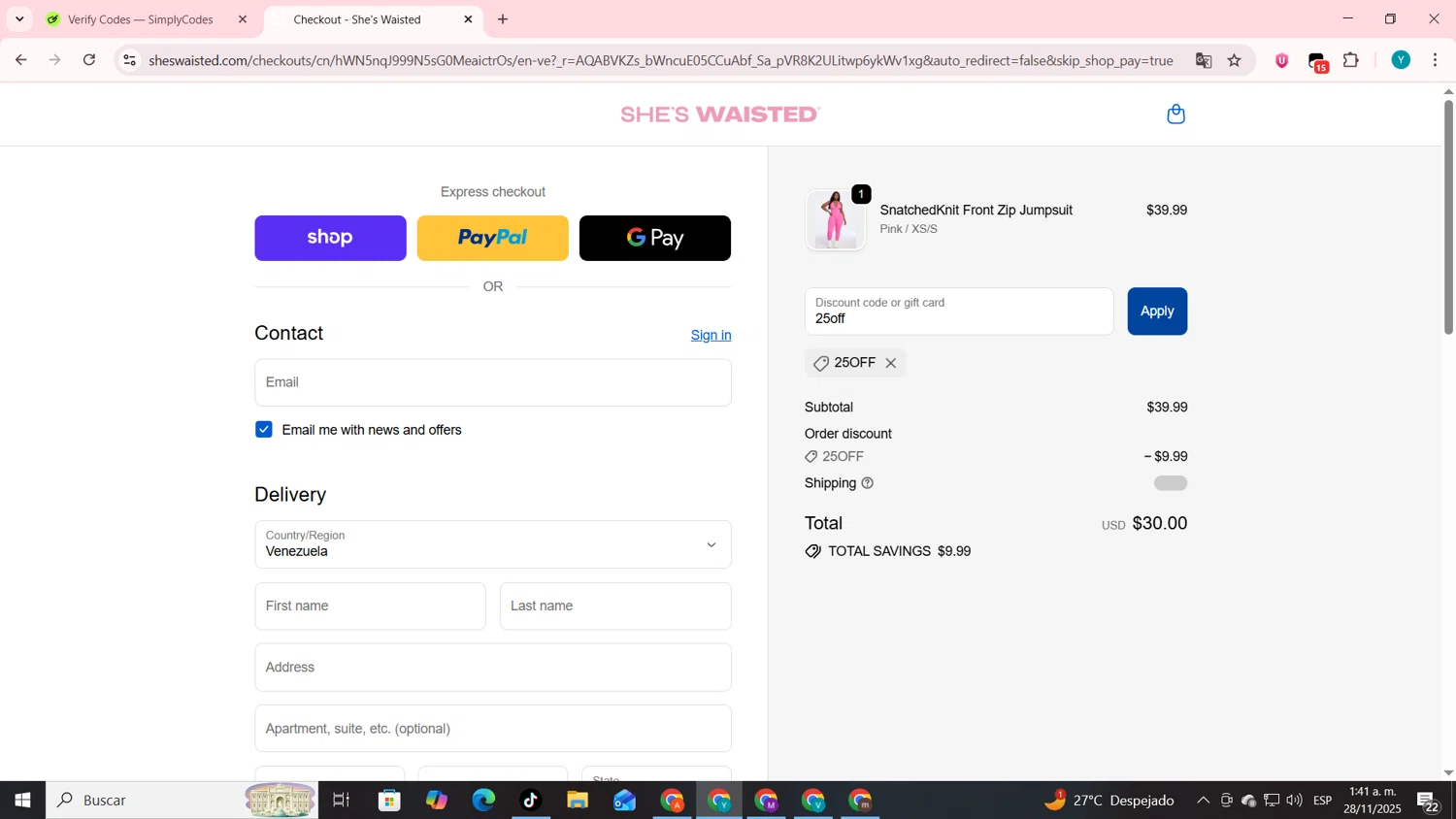 Shes Waisted discount code screenshot showing code 25off applied at Shes Waisted checkout page. Uploaded by SimplyCodes community member codygakpo on Nov 28, 2025