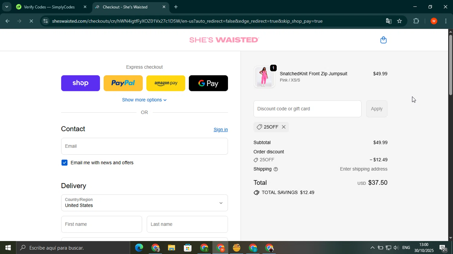 Shes Waisted discount code screenshot showing code 25off applied at Shes Waisted checkout page. Uploaded by SimplyCodes community member wilferji on Oct 30, 2025