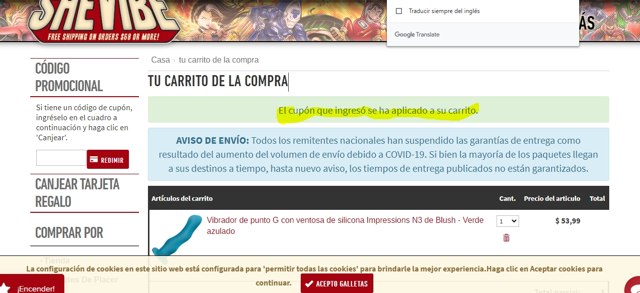 SheVibe checkout page showing SheVibe coupon code box | Screenshot taken by SimplyCodes community member on Jan 9, 2021