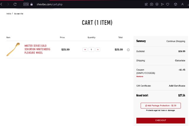 SheVibe checkout page showing SheVibe coupon code box | Screenshot taken by SimplyCodes community member on May 30, 2024