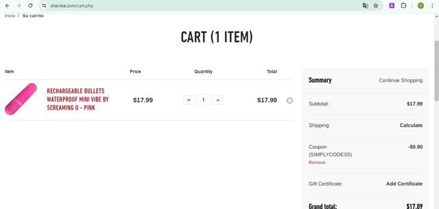 SheVibe checkout page showing SheVibe coupon code box | Screenshot taken by SimplyCodes community member on May 22, 2024