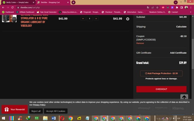 SheVibe checkout page showing SheVibe coupon code box | Screenshot taken by SimplyCodes community member on Jul 17, 2024