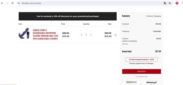 SheVibe checkout page showing SheVibe coupon code box | Screenshot taken by SimplyCodes community member on Jun 8, 2024