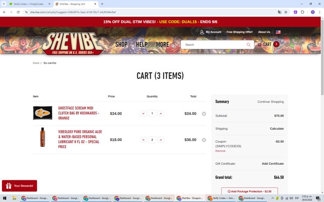 SheVibe checkout page showing SheVibe coupon code box | Screenshot taken by SimplyCodes community member on Aug 29, 2024