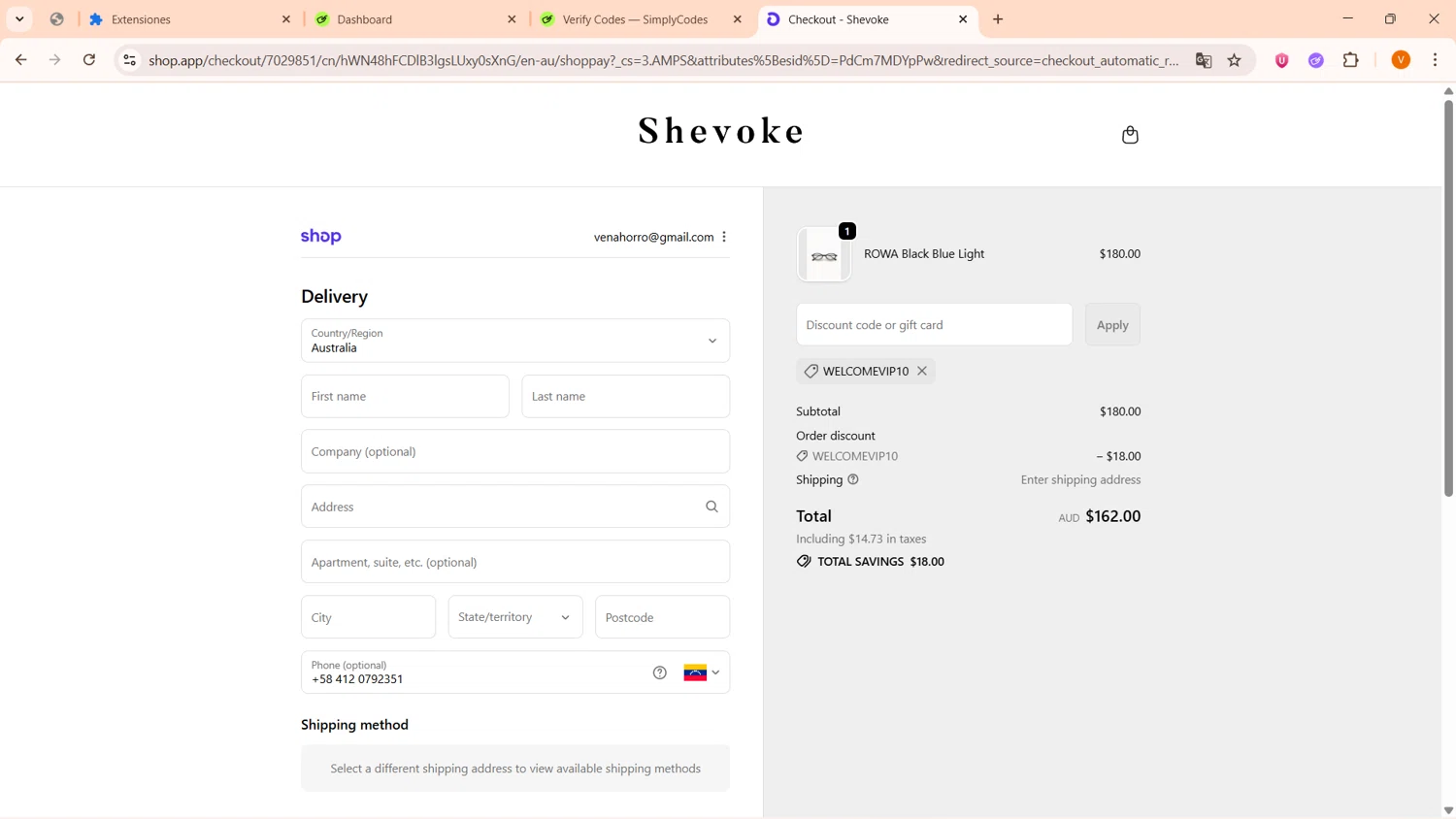 Shevoke promo code screenshot showing code WELCOMEVIP10 applied at Shevoke checkout page. Uploaded by SimplyCodes community member FortunateFinder9465 on Oct 15, 2025