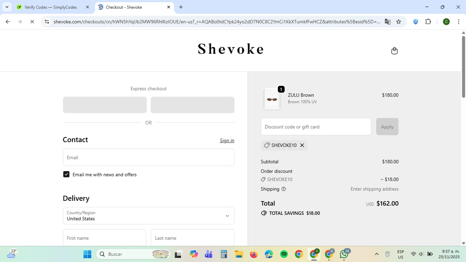 Shevoke promo code screenshot showing code SHEVOKE10 applied at Shevoke checkout page. Uploaded by SimplyCodes community member VoucherBoss6971 on Nov 25, 2025