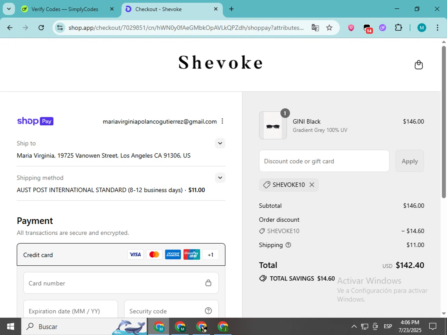 Shevoke promo code screenshot showing code SHEVOKE10 applied at Shevoke checkout page. Uploaded by SimplyCodes community member estrellaveloz on Jul 23, 2025