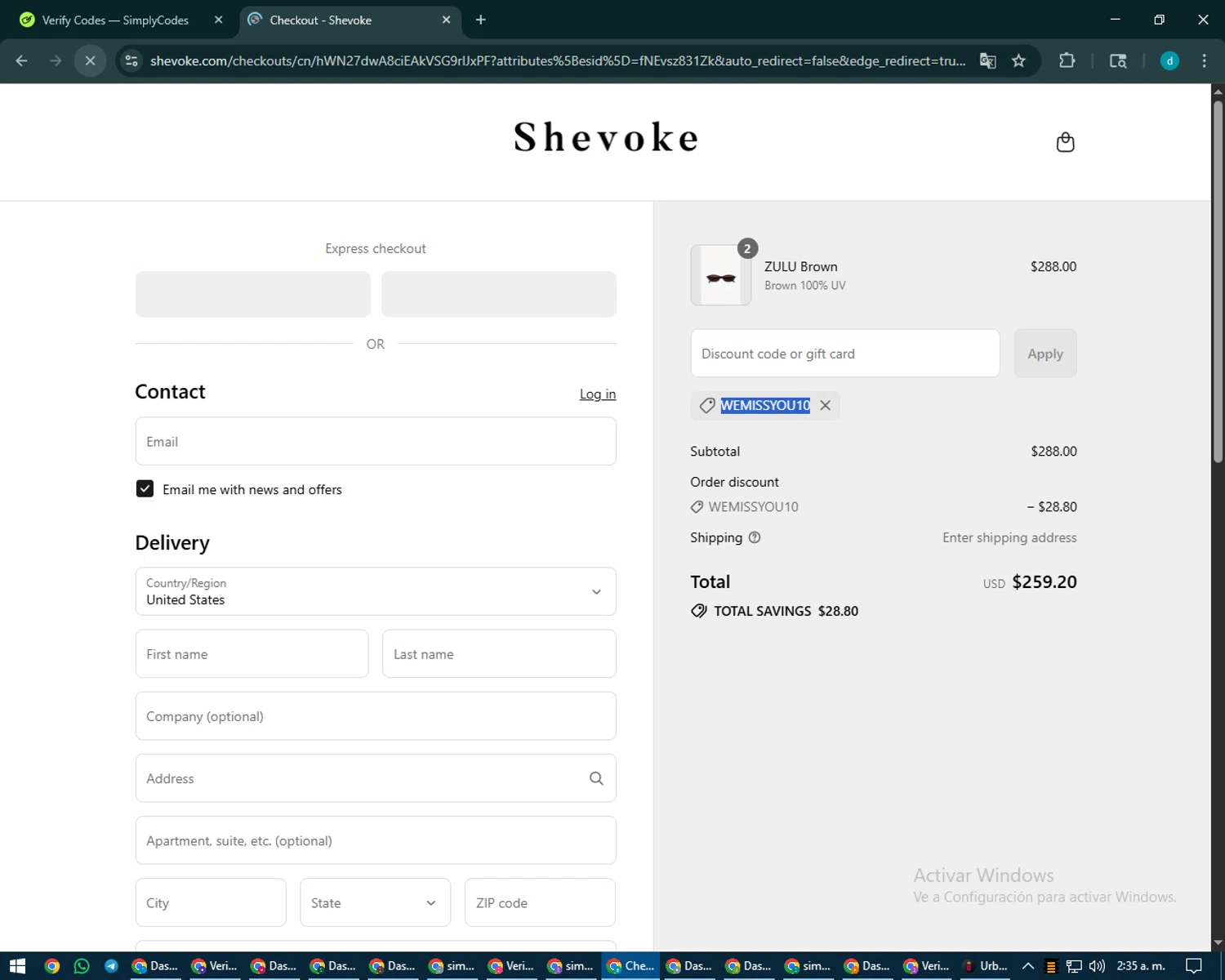Shevoke promo code screenshot showing code WEMISSYOU10 applied at Shevoke checkout page. Uploaded by SimplyCodes community member CodeMaverick5767 on Aug 23, 2025