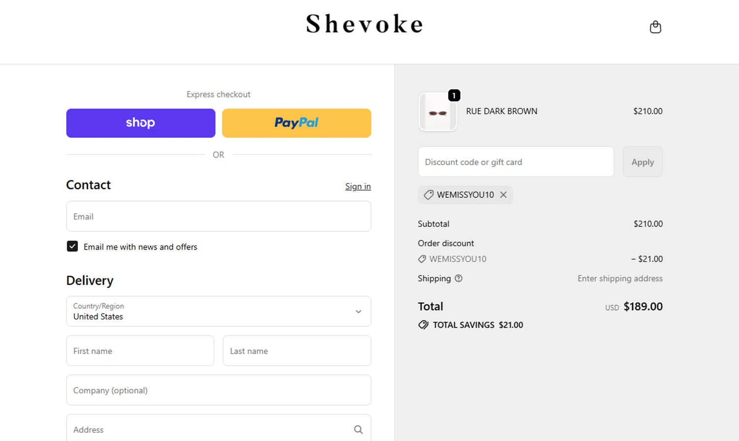 Shevoke promo code screenshot showing code WEMISSYOU10 applied at Shevoke checkout page. Uploaded by SimplyCodes community member SavvyLegend1586 on Sep 25, 2025