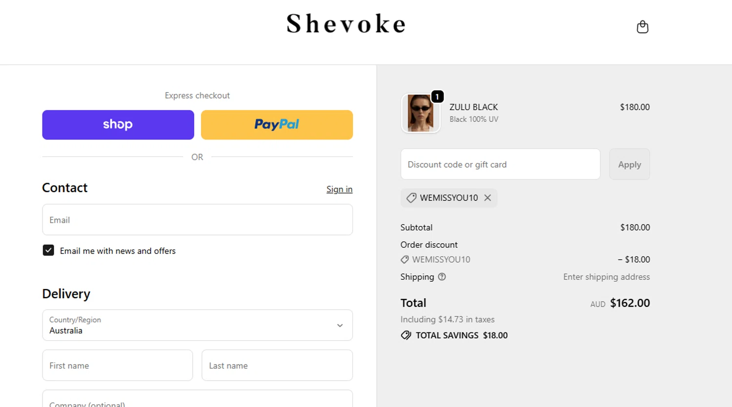Shevoke promo code screenshot showing code WEMISSYOU10 applied at Shevoke checkout page. Uploaded by SimplyCodes community member WonderSaver8569 on Dec 11, 2025