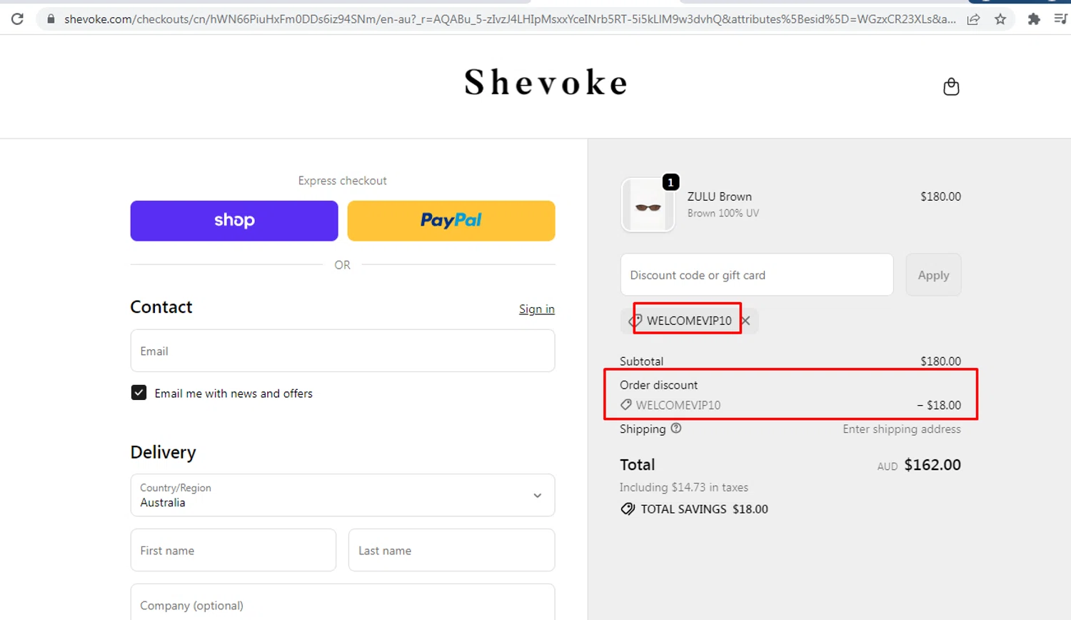 Shevoke promo code screenshot showing code WELCOMEVIP10 applied at Shevoke checkout page. Uploaded by SimplyCodes community member nileskamarcano on Dec 6, 2025