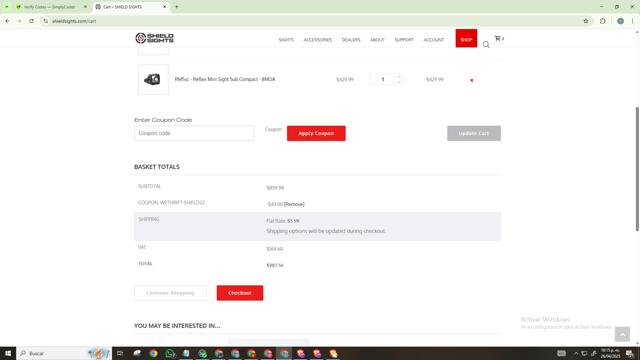 Shield Sights checkout page showing Shield Sights coupon code box | Screenshot taken by SimplyCodes community member on Apr 27, 2025