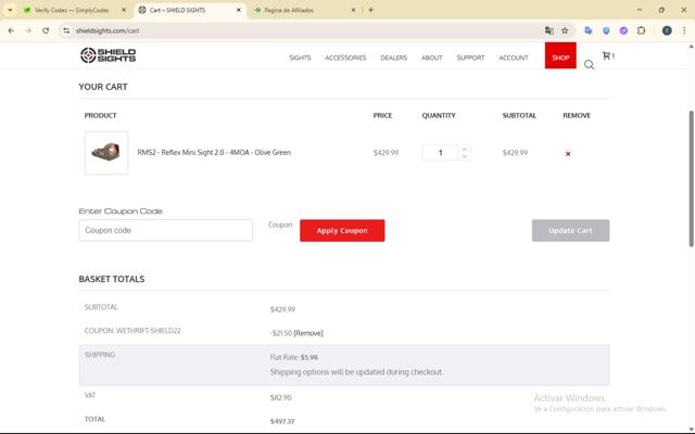 Shield Sights checkout page showing Shield Sights coupon code box | Screenshot taken by SimplyCodes community member on Jun 22, 2025