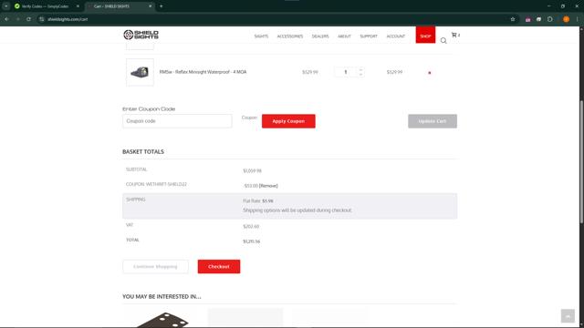Shield Sights checkout page showing Shield Sights coupon code box | Screenshot taken by SimplyCodes community member on May 17, 2025