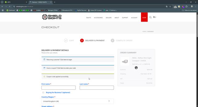 Shield Sights checkout page showing Shield Sights coupon code box | Screenshot taken by SimplyCodes community member on Apr 27, 2025