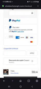 Shields15 coupon verification screenshot