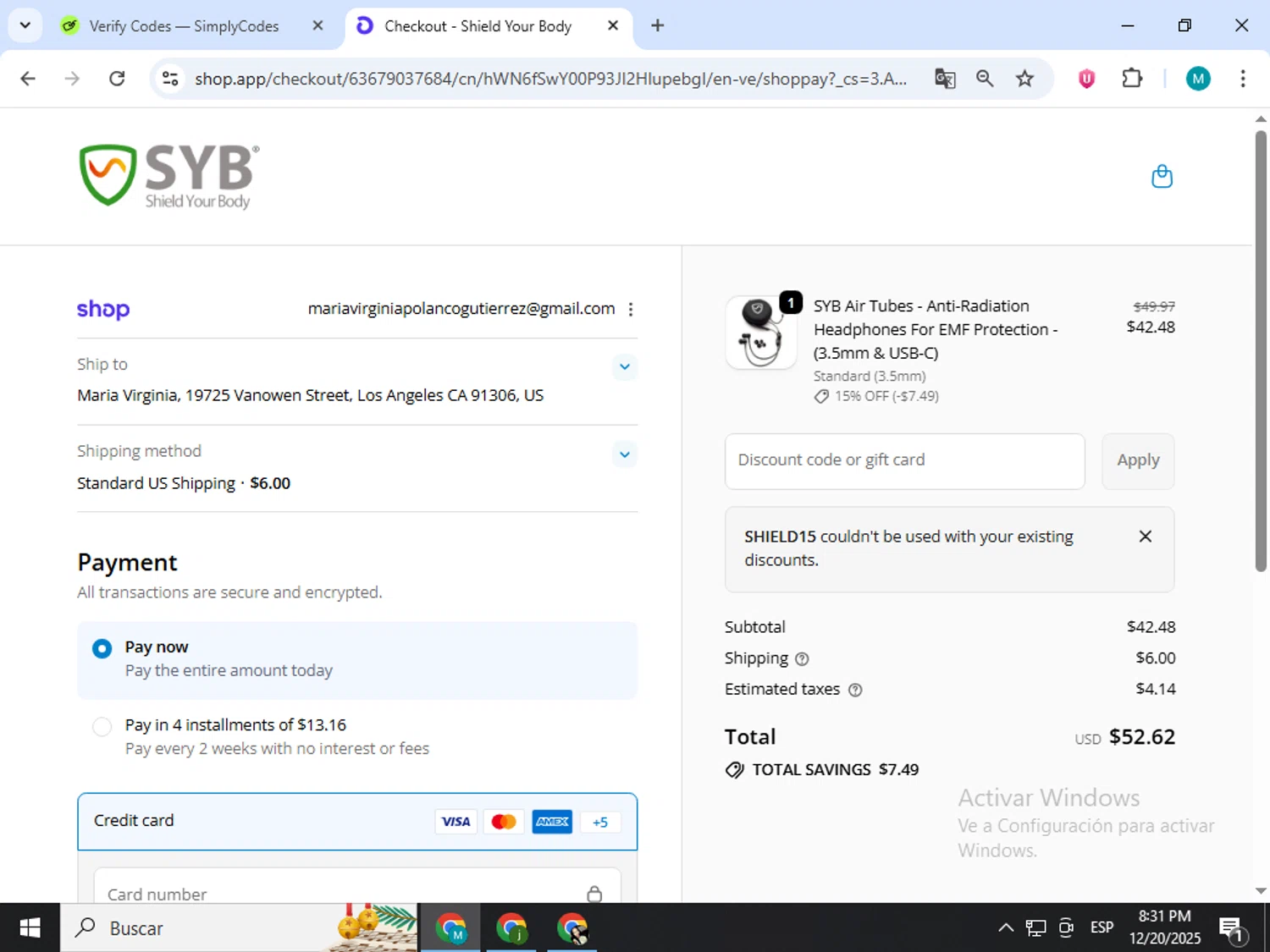 Shield Your Body promo code screenshot showing code Shield15 applied at Shield Your Body checkout page. Uploaded by SimplyCodes community member estrellaveloz on Dec 21, 2025
