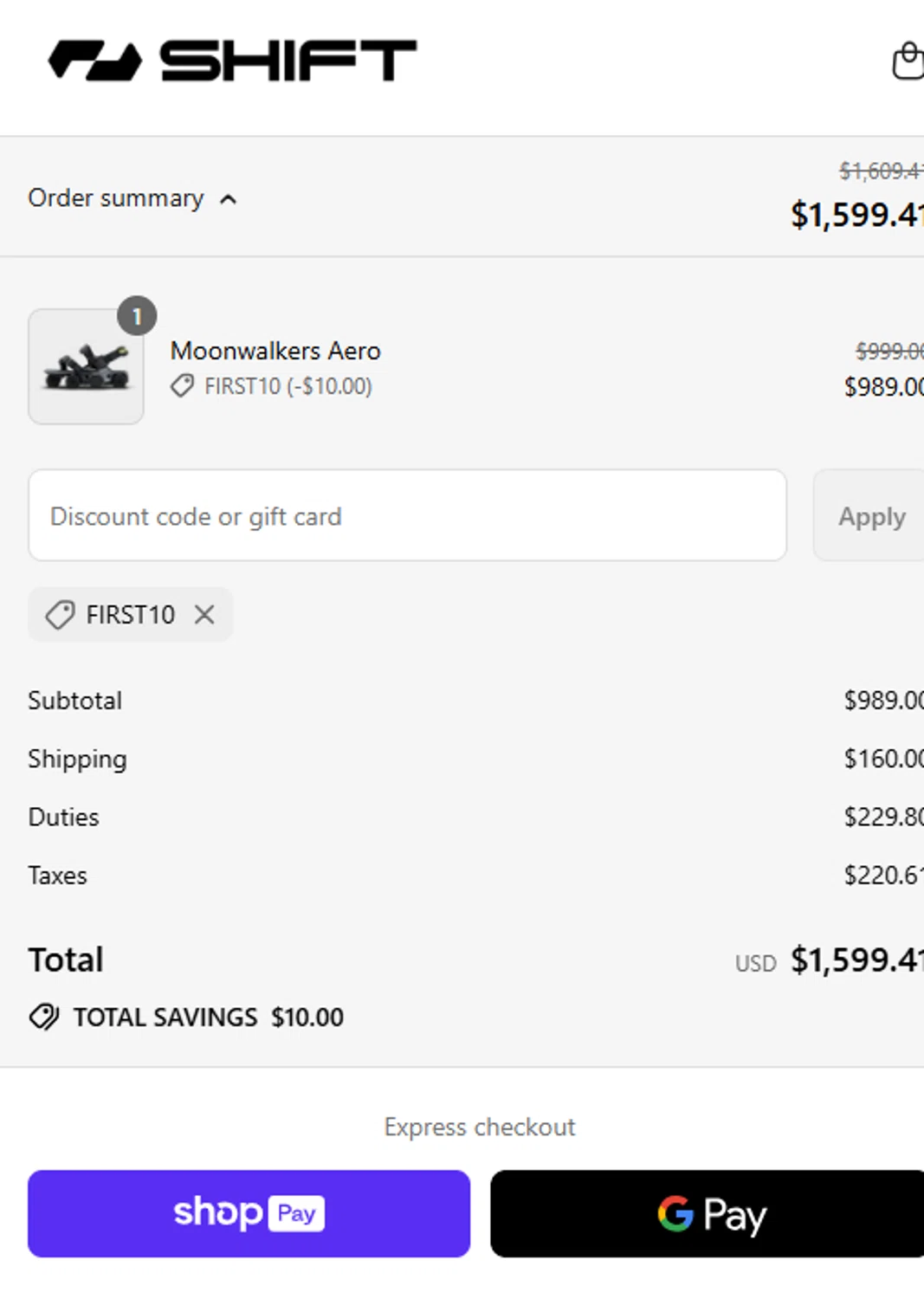 Shift Robotics promo code screenshot showing code FIRST10 applied at Shift Robotics checkout page. Uploaded by SimplyCodes community member Carlitoxxxxxxxxxxxxxxxxxxxxxxx on Jul 18, 2025