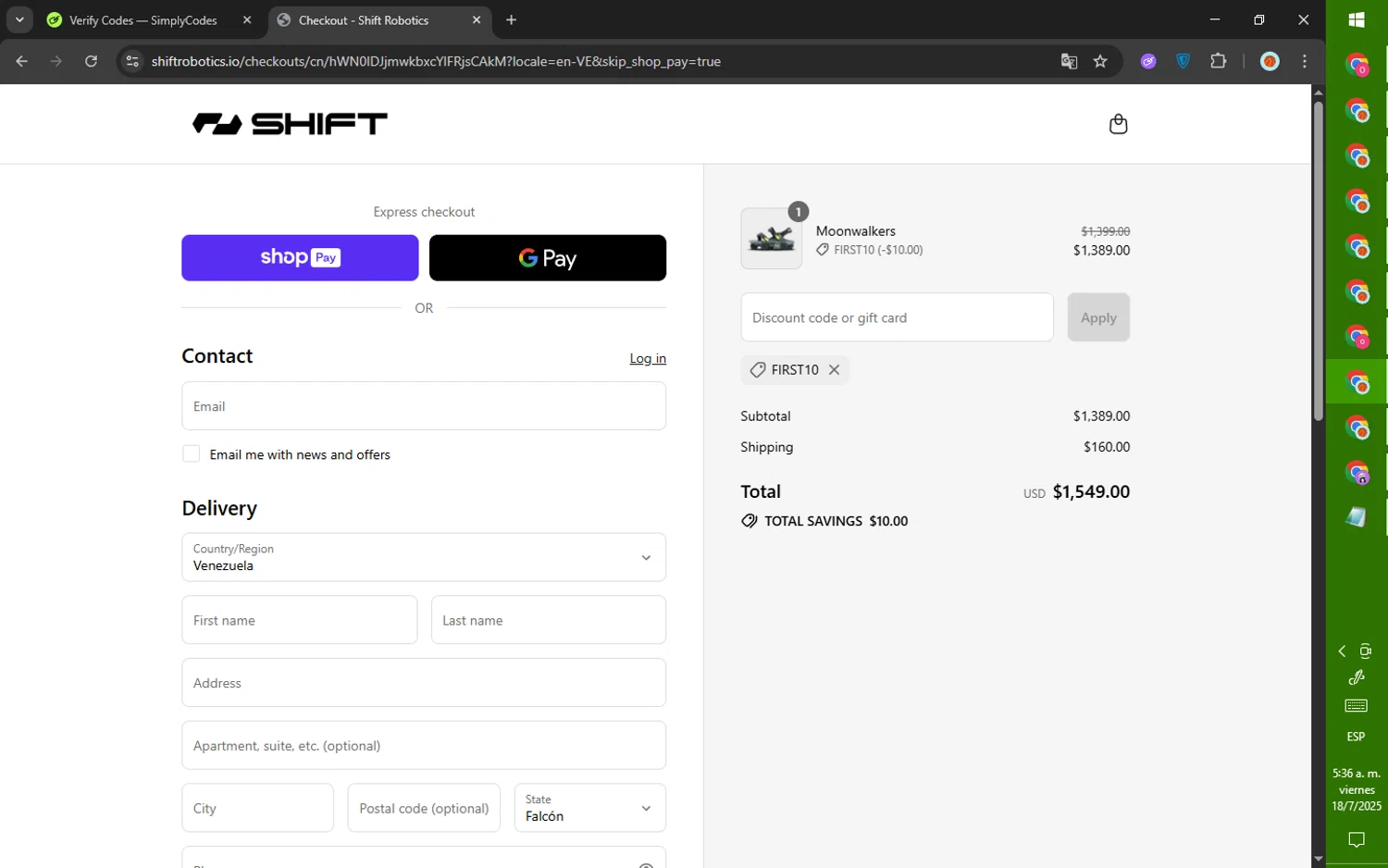 Shift Robotics promo code screenshot showing code FIRST10 applied at Shift Robotics checkout page. Uploaded by SimplyCodes community member SalePhoenix823 on Jul 18, 2025