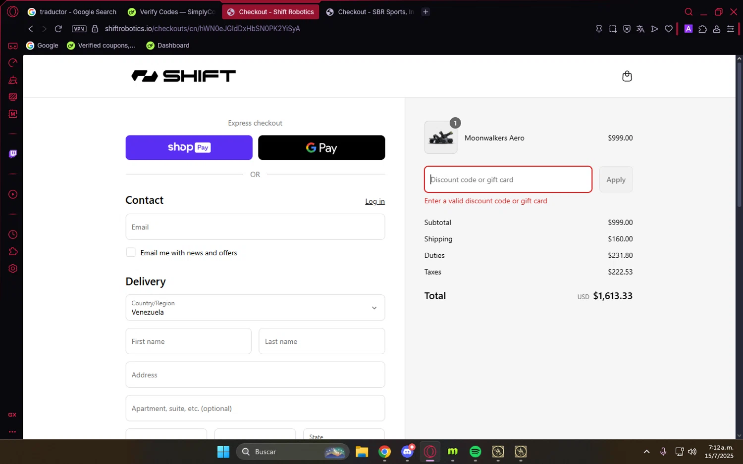 Shift Robotics promo code screenshot showing code newsletterWKHRW3D3 applied at Shift Robotics checkout page. Uploaded by SimplyCodes community member PrimeVirtuoso9679 on Jul 15, 2025