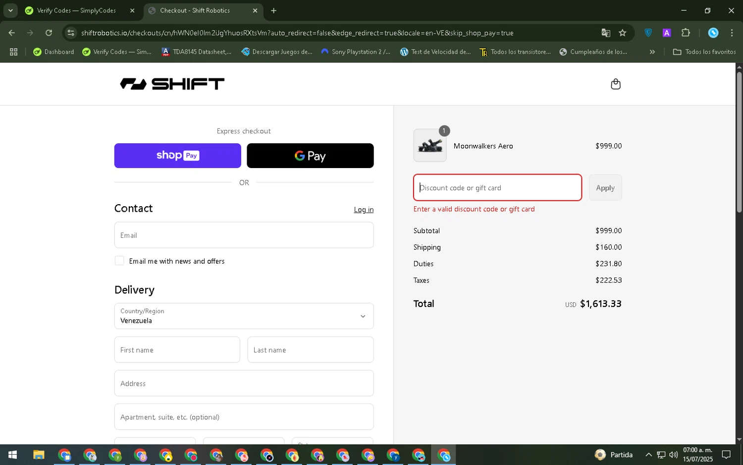 Shift Robotics promo code screenshot showing code newsletterWKHRW3D3 applied at Shift Robotics checkout page. Uploaded by SimplyCodes community member WonderGenius7678 on Jul 15, 2025