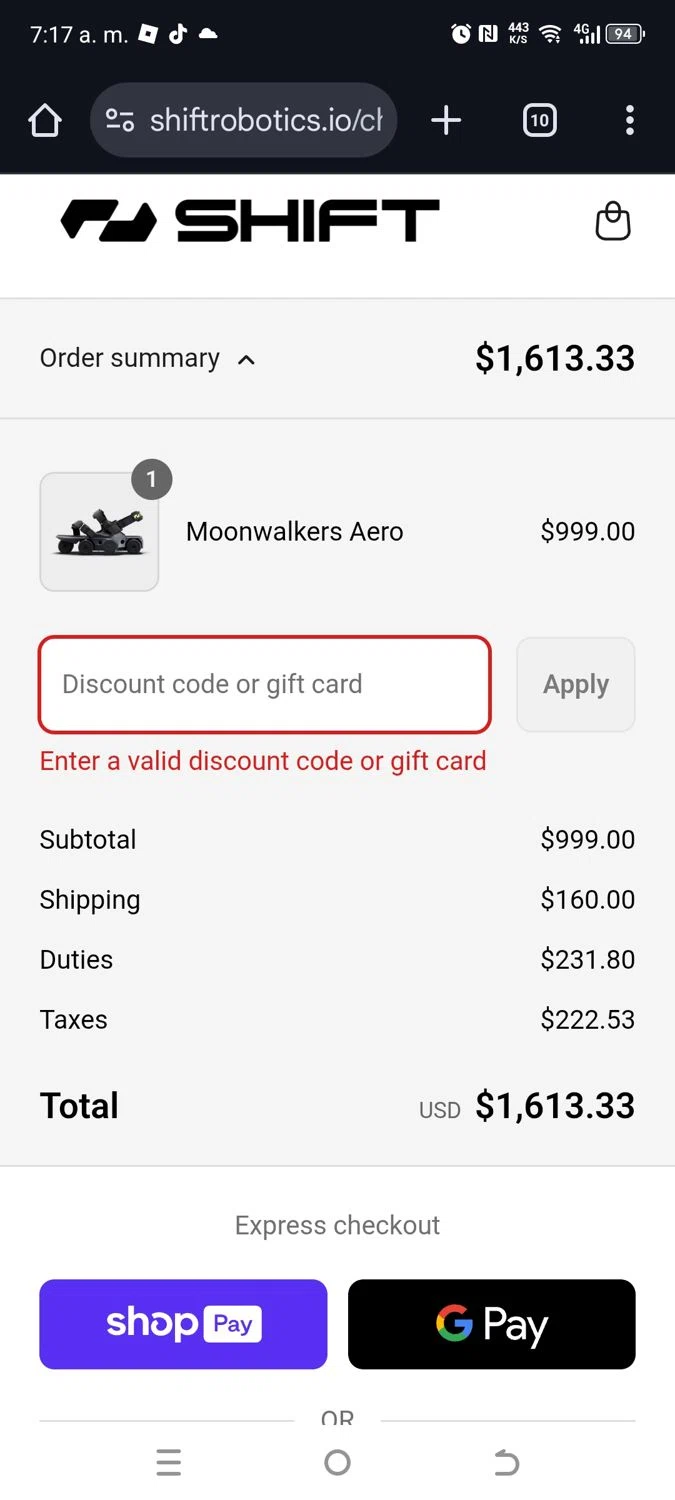 Shift Robotics promo code screenshot showing code newsletterWKHRW3D3 applied at Shift Robotics checkout page. Uploaded by SimplyCodes community member kikimbappe on Jul 15, 2025