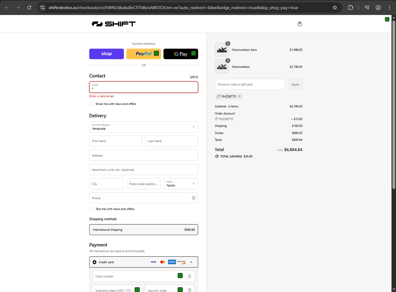 Shift Robotics promo code screenshot showing code RHZS6T7D applied at Shift Robotics checkout page. Uploaded by SimplyCodes community member RayliMC on Sep 5, 2025