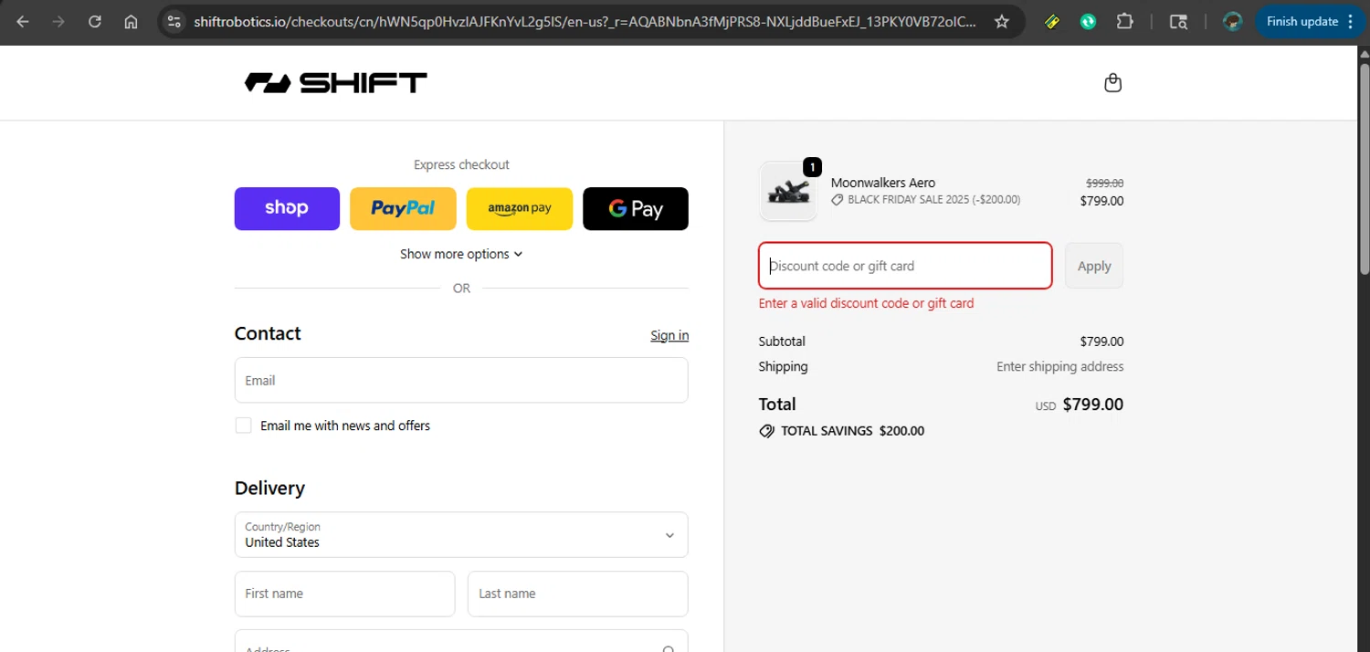 Shift Robotics promo code screenshot showing code BF25 applied at Shift Robotics checkout page. Uploaded by SimplyCodes community member MariaCorinaMachado on Nov 29, 2025