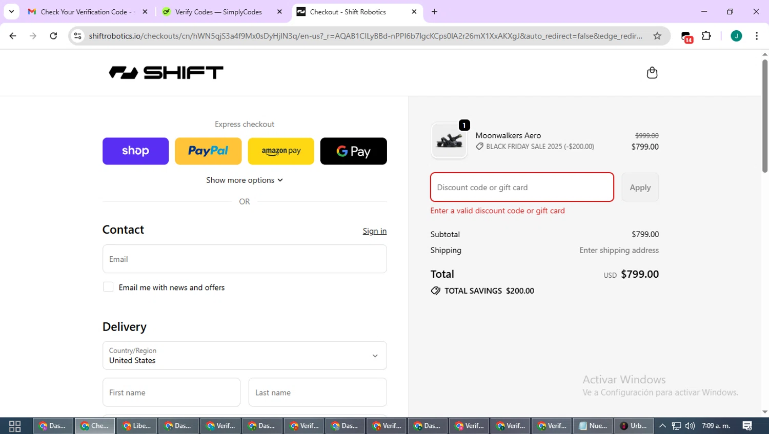 Shift Robotics promo code screenshot showing code BF25 applied at Shift Robotics checkout page. Uploaded by SimplyCodes community member SavvyCurator1770 on Nov 29, 2025