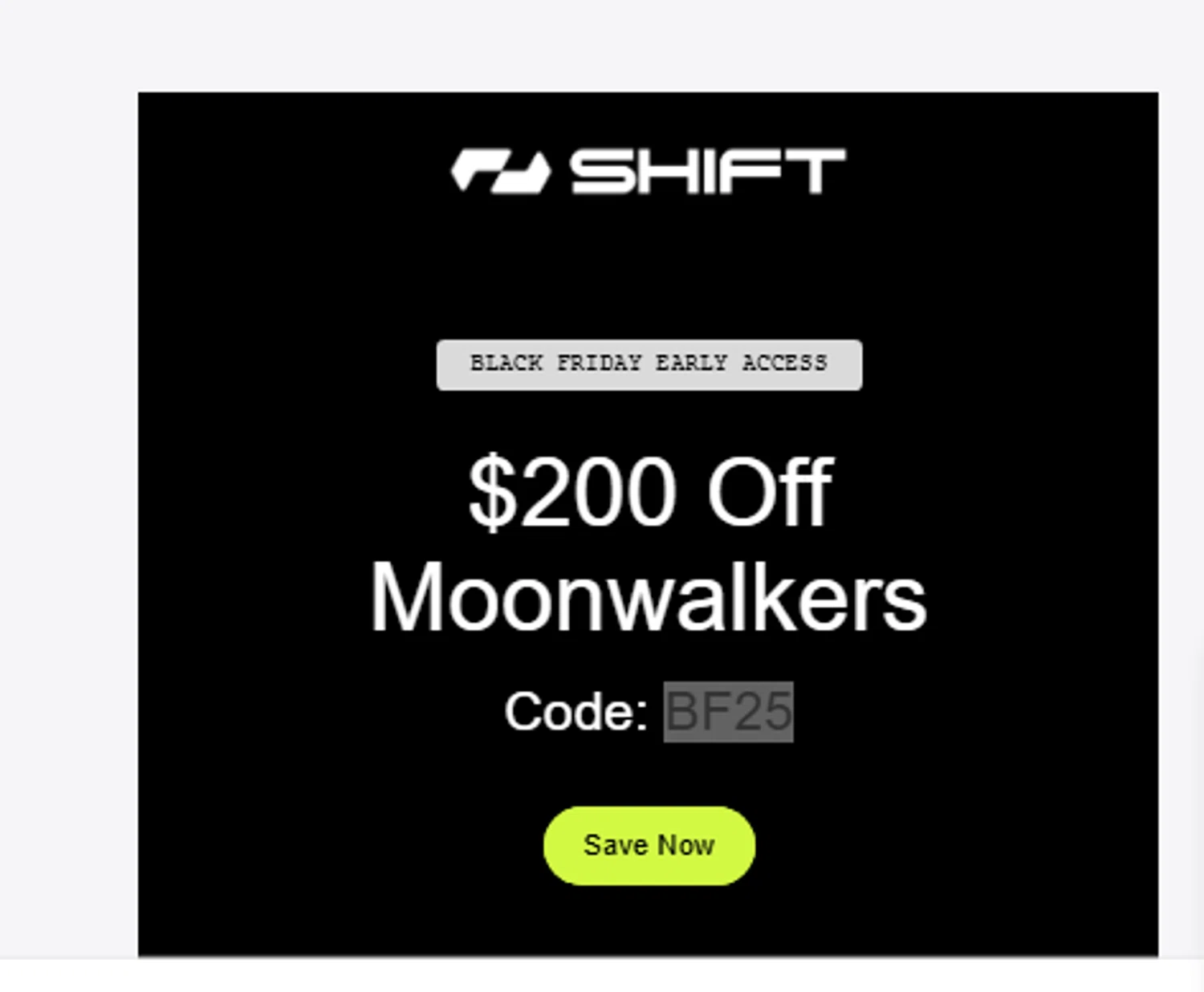 Shift Robotics promo code screenshot showing code BF25 applied at Shift Robotics checkout page. Uploaded by SimplyCodes community member Jhonny on Nov 20, 2025