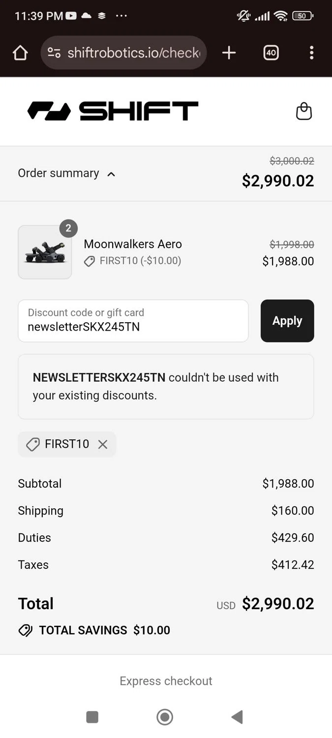 Shift Robotics promo code screenshot showing code newsletterSKX245TN applied at Shift Robotics checkout page. Uploaded by SimplyCodes community member SaraiVillarroel on Jul 12, 2025
