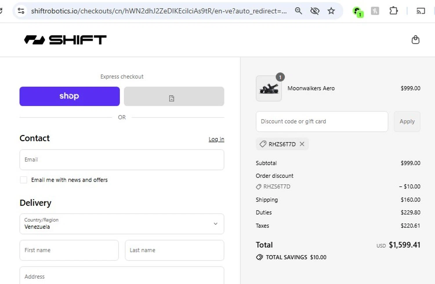 Shift Robotics promo code screenshot showing code RHZS6T7D applied at Shift Robotics checkout page. Uploaded by SimplyCodes community member frankrivero on Sep 5, 2025