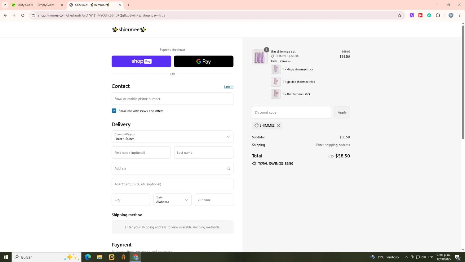 shimmee promo code screenshot showing code Shimmee applied at shimmee checkout page. Uploaded by SimplyCodes community member ELChasis on Aug 12, 2025