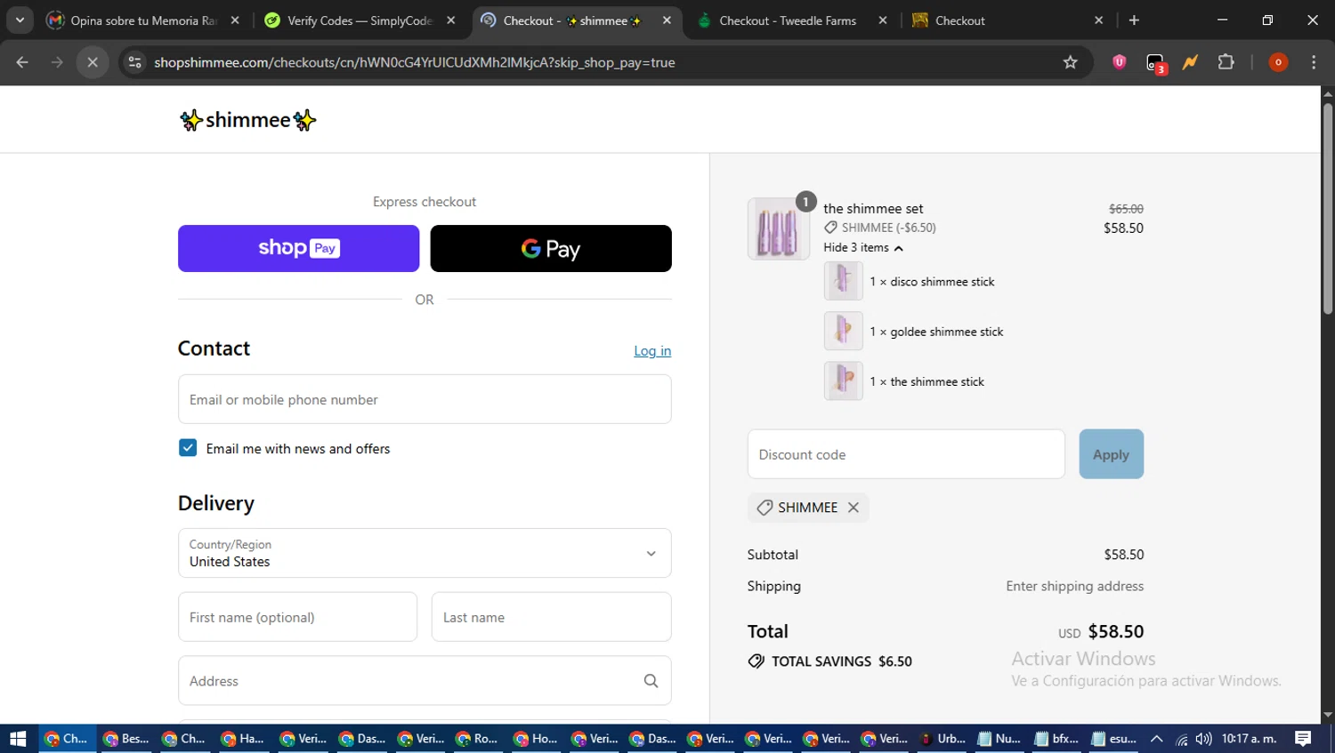 shimmee promo code screenshot showing code Shimmee applied at shimmee checkout page. Uploaded by SimplyCodes community member WiseTracker2171 on Jul 14, 2025