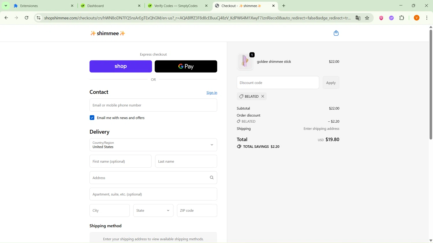 shimmee promo code screenshot showing code BELATED applied at shimmee checkout page. Uploaded by SimplyCodes community member MightyPro2893 on Feb 15, 2026