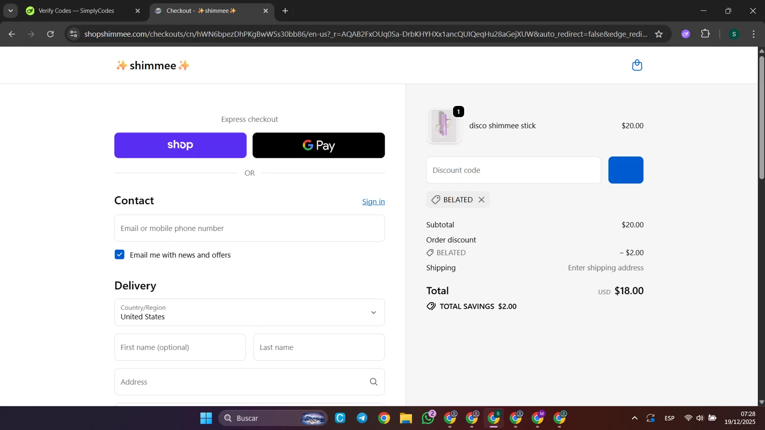 shimmee promo code screenshot showing code BELATED applied at shimmee checkout page. Uploaded by SimplyCodes community member SaleHunter9008 on Dec 19, 2025