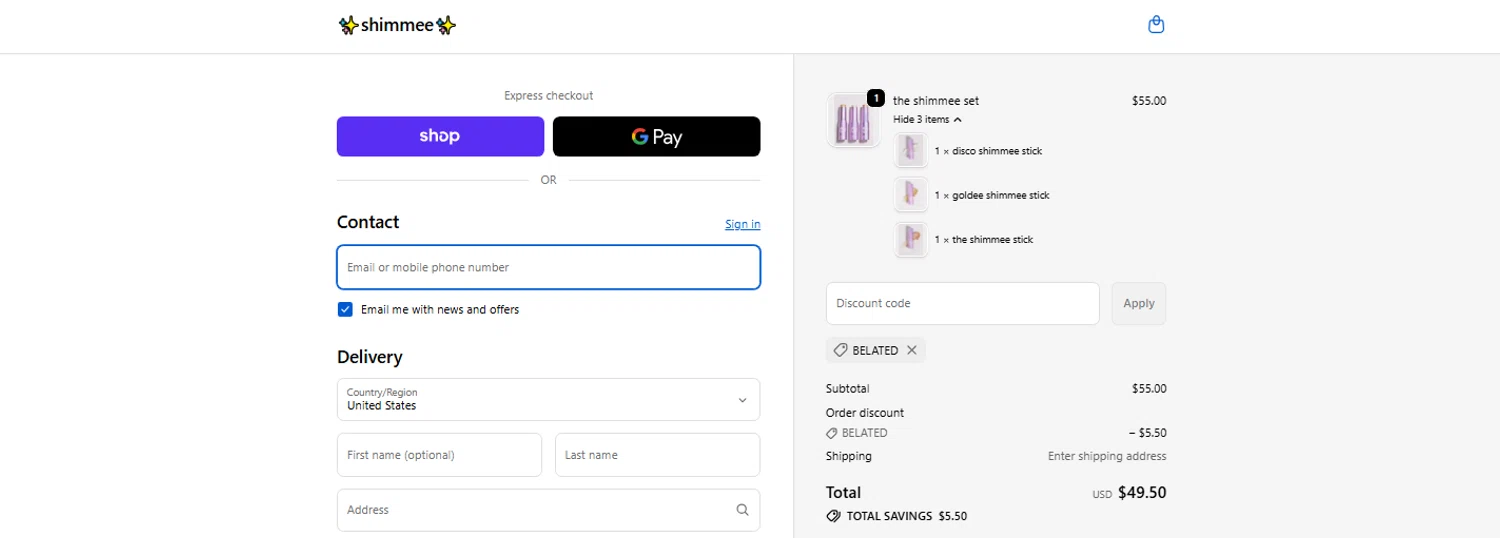 shimmee promo code screenshot showing code BELATED applied at shimmee checkout page. Uploaded by SimplyCodes community member OnlywM on Oct 22, 2025