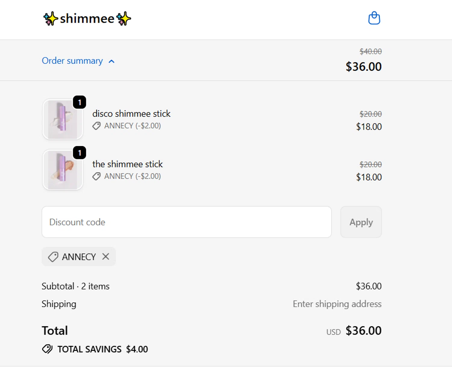 shimmee promo code screenshot showing code ANNECY applied at shimmee checkout page. Uploaded by SimplyCodes community member yokoono10 on Oct 26, 2025