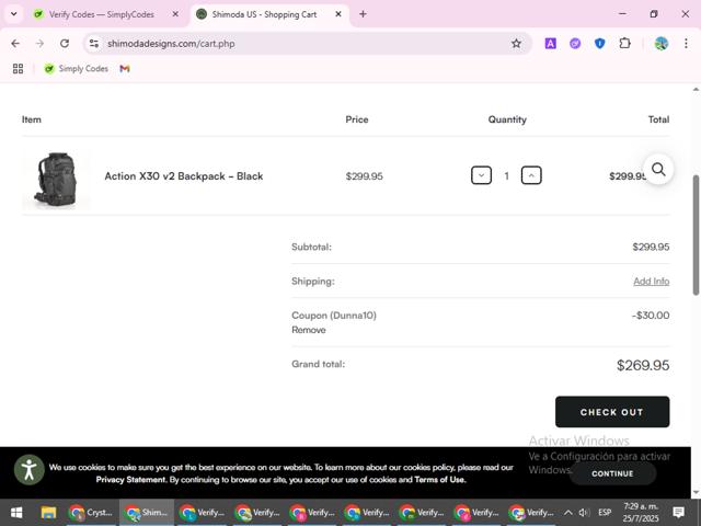 Shimoda Designs checkout page showing Shimoda Designs promo code box | Screenshot taken by SimplyCodes community member on Jul 25, 2025