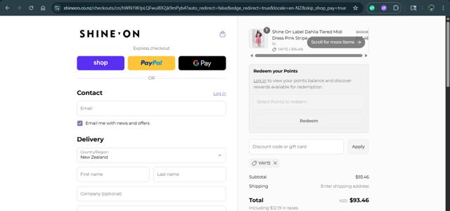 Shine On checkout page showing Shine On discount code box | Screenshot taken by SimplyCodes community member on Aug 7, 2025