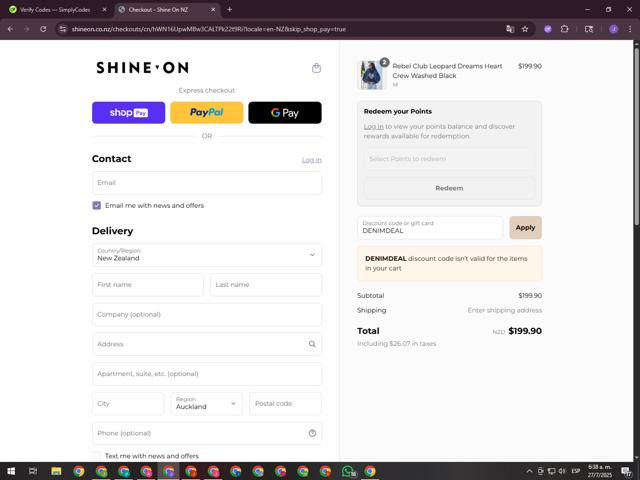 Shine On checkout page showing Shine On discount code box | Screenshot taken by SimplyCodes community member on Jul 27, 2025