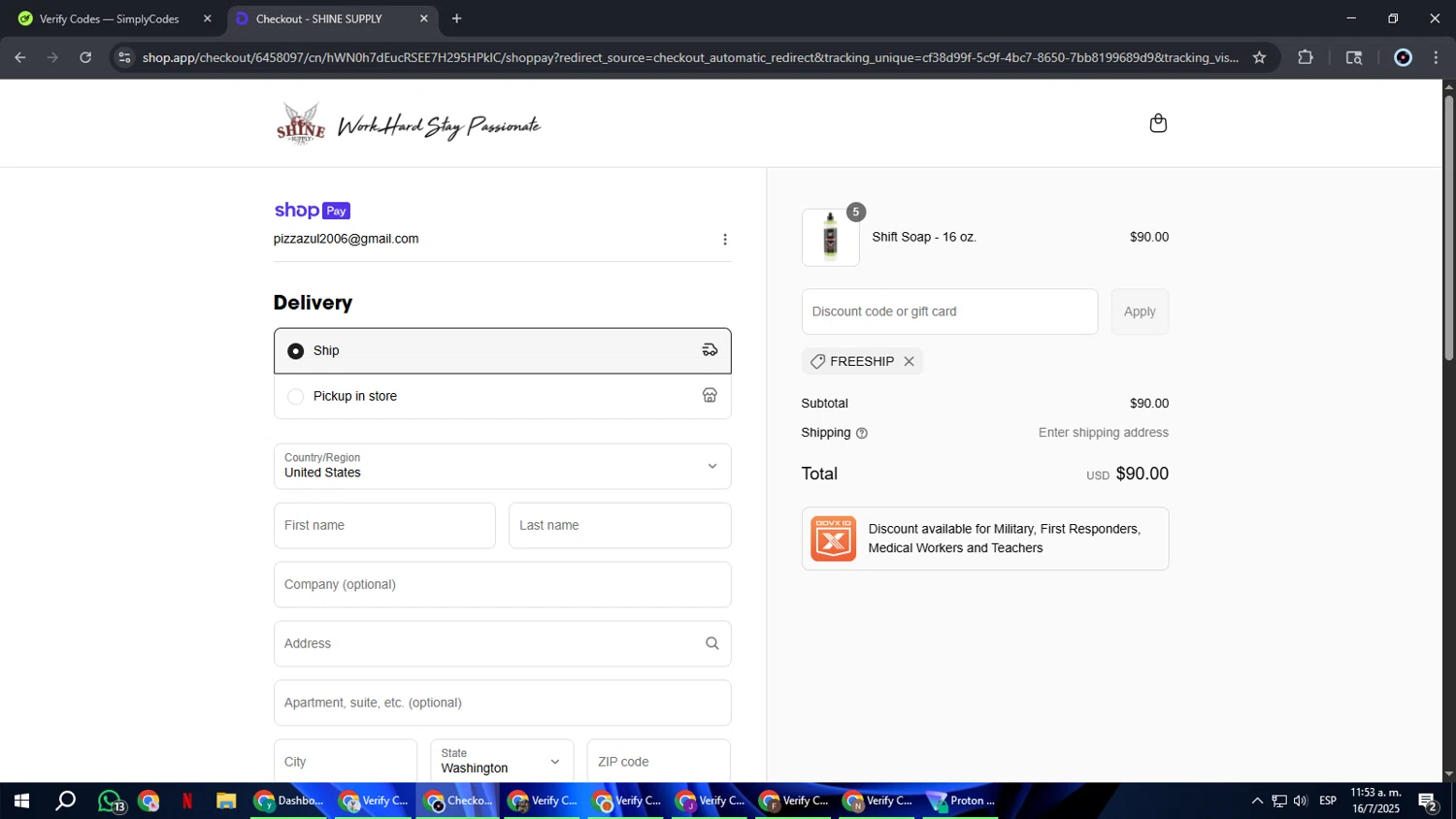 SHINE SUPPLY discount code screenshot showing code FREESHIP applied at SHINE SUPPLY checkout page. Uploaded by SimplyCodes community member RoyalBoss4384 on Jul 16, 2025