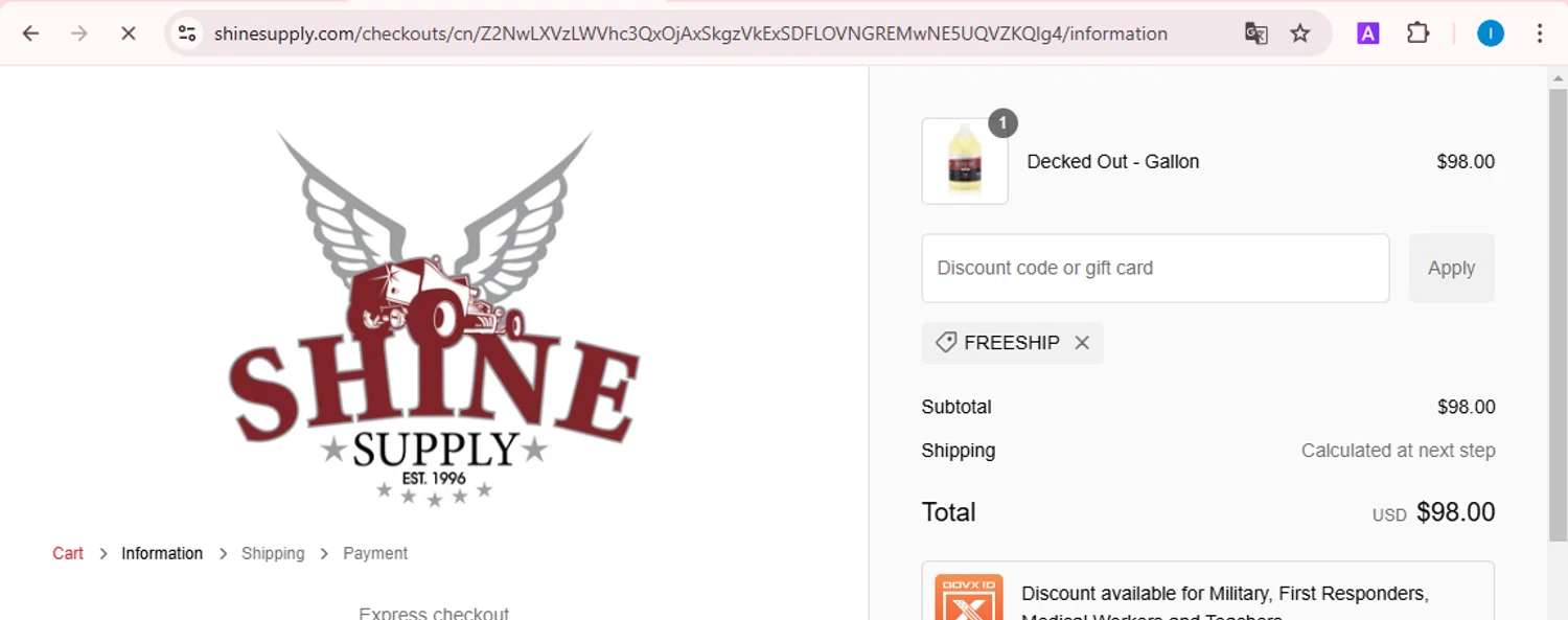 SHINE SUPPLY discount code screenshot showing code FREESHIP applied at SHINE SUPPLY checkout page. Uploaded by SimplyCodes community member TreasureScout5082 on Jan 8, 2025